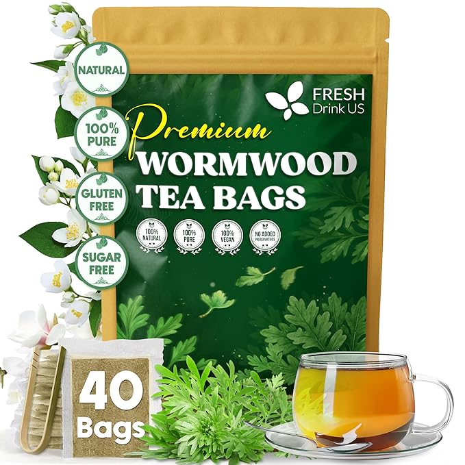 FreshDrinkUS, Premium Wormwood Tea - 40 Tea Bags - Handcrafted Herbal Blend, Caffeine-Free – Smooth Taste & Naturally Refreshing.