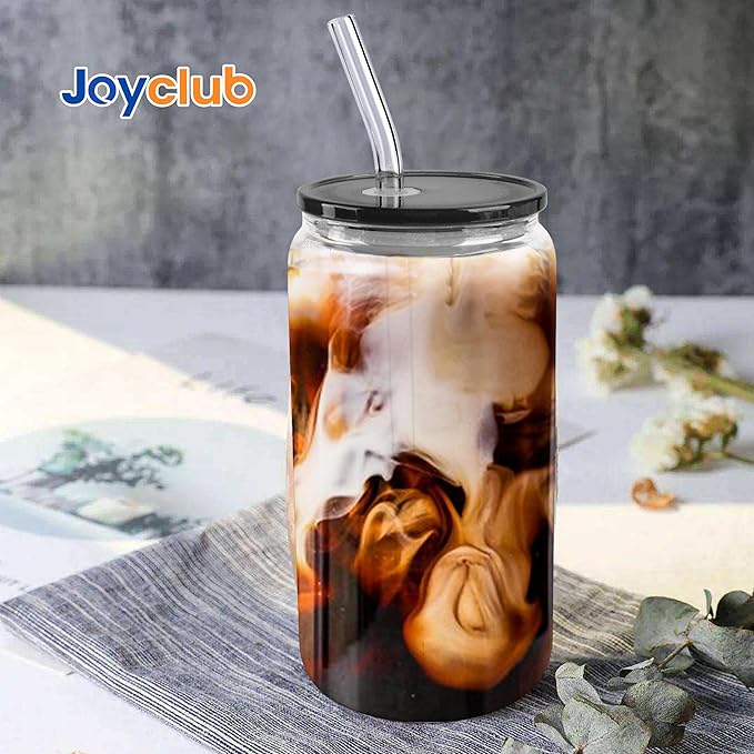 Joyclub 12pcs Glass Cups with Acrylic Lids and Straws 16 oz Can Shaped Glass Iced Coffee Cups with Lids and Straws, Cute Tumbler Cup Drinking Glasses for Smoothie Whiskey Boba Soda Tea Gift