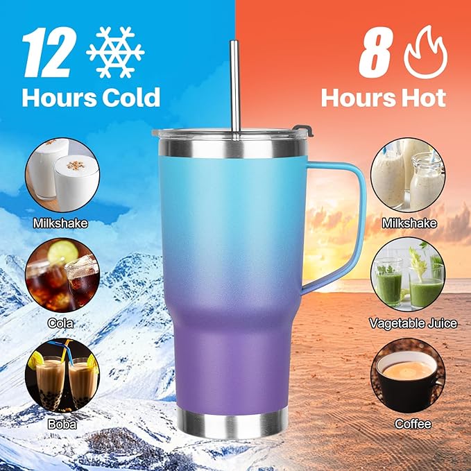 20 oz Tumbler with Handle, Stainless Steel Insulated Tumbler with Lid and Straw, Double Wall Vacuum Coffee Mug Tumbler, Insulated Coffee Thermal Cup for Cold and Hot (Blue Purple, 20 Ounces)