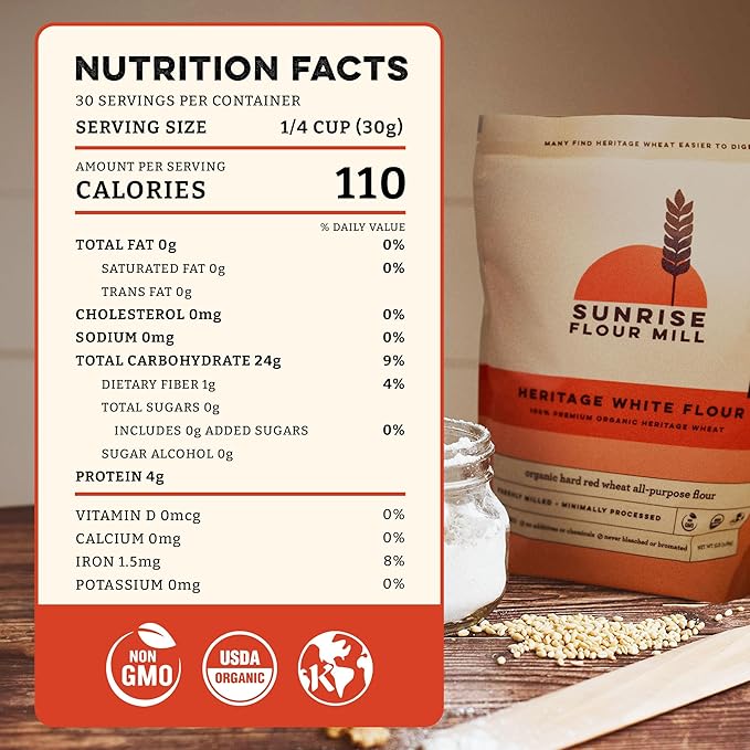 Sunrise Flour Mill Heritage Organic White Flour | USDA Organic All Purpose Flour Unbleached - Non-GMO, Kosher, Glyphosate Free, High Protein for Baking, Unbromated White Wheat (2 Pounds (Pack of 1))