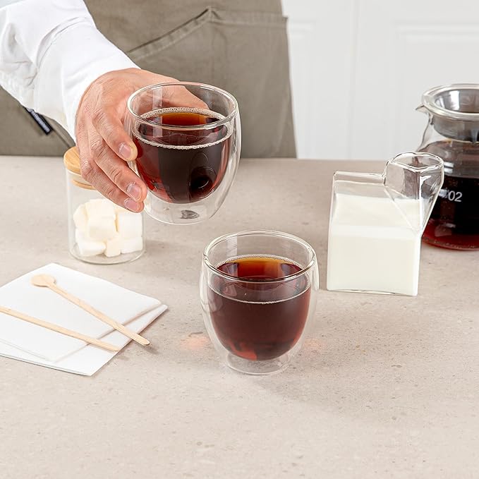 Restaurantware-Forma Professional 8.5 Ounce Double Wall Coffee Cups, 2 Insulated Latte Glasses - Dishwashable, Reusable, Clear Glass Beverage Cups, Freezable, For Hot Or Cold Beverages