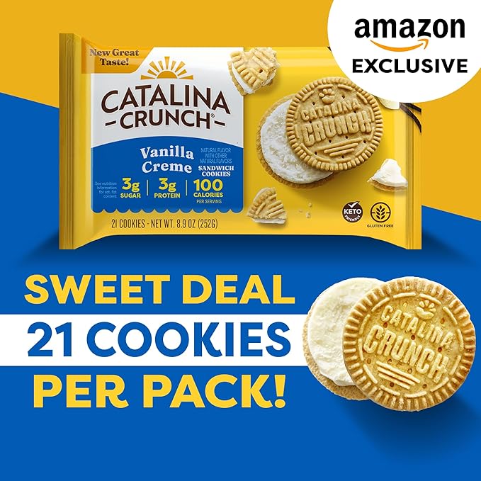 Catalina Crunch Protein Cookies, 4g Protein per Serving - Low-Sugar Sandwich Cookies - Gluten Free, Vegan - Keto Dessert Snacks - Vanilla Creme, 8.9 oz. (21 Count)