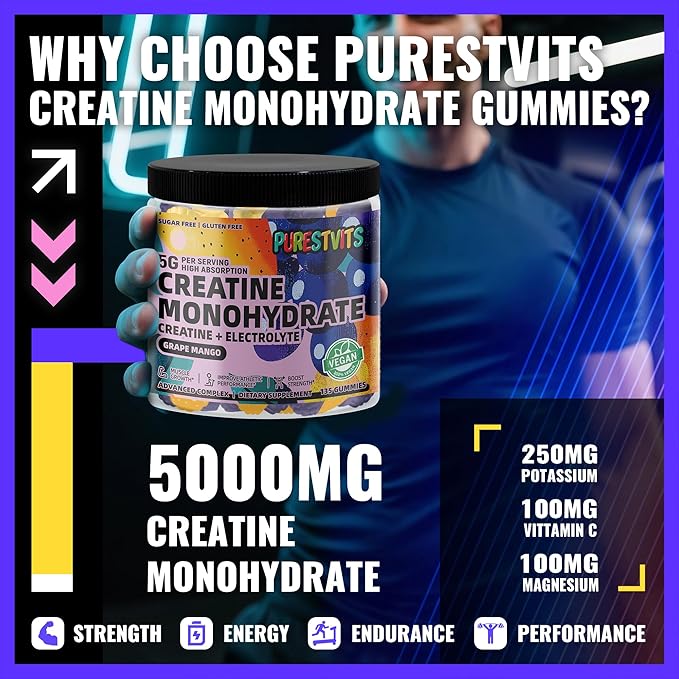 Creatine Monohydrate Gummies (5g) – Pre-Workout Energy & Muscle Growth Support for Men & Women | Grape Mango Electrolyte Gummies (135 Count)