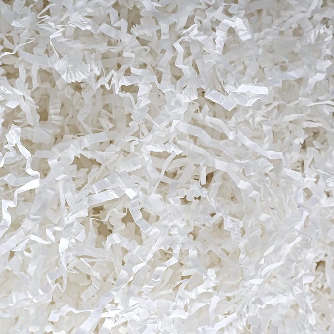LWWTBS Crinkle Cut Paper 7oz Shredded Packing Grass Cushion Paper for Gift Baskets Christmas Wedding Birthday Bridesmaid Engagement Craft Gift boxes Stuffing Bags Filler (White)