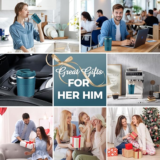 Volhoply 13 oz Stainless Steel Insulated Travel Coffee Mug with Fip Lid Bulk 2 Pack,Reusable Double Wall Vacuum Metal Coffee Cup,Portable Leak Proof Thermal Tumbler for Hot & Cold Drinks(Bule,2)