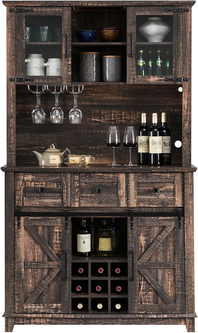 AMERLIFE 72'' Coffee Bar Wine Cabinet with Sliding Barn Door, Farmhouse Kitchen Sideboard, Buffet Storage Table, Wine Glass Racks, 3 Drawers, LED Lights, Tall Hutch Home Bar Dark Rustic Oak