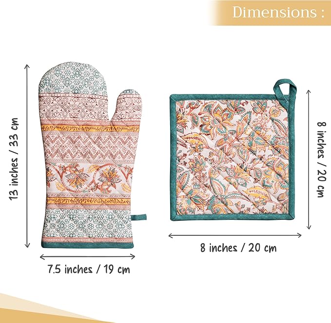 Maison d' Hermine 100% Cotton Oven Mitt & Pot Holder Set (7.5"x13" & 8"x8") Heat Resistant BBQ Cooking Gloves with Loop, Baking, Grilling, Kitchen, Handling Hot Pans (Nila)