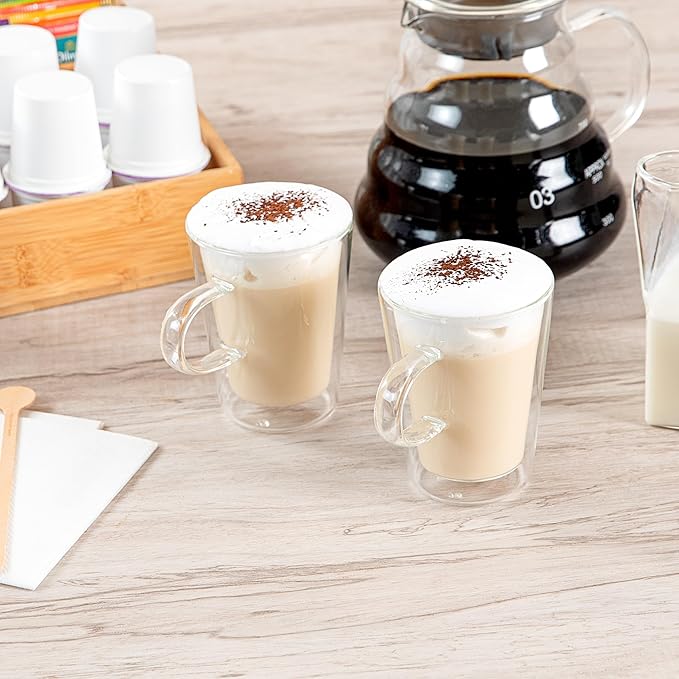 Restaurantware-Forma Professional 5.1 oz Double Wall Glass Mugs, 12 Insulated Coffee Mugs With Handle - Dishwashable, Reusable, Clear Glass Beverage Cups, Freezable, For Hot Or Cold Beverages