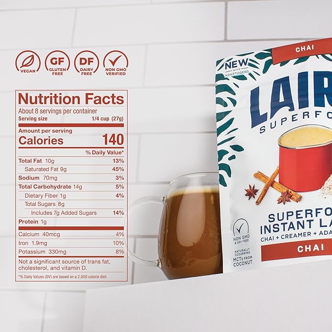 Laird Superfood Chai Instant Latte with Adaptogens - Instant Chai Tea Powder with Superfood Coconut Creamer - Gluten Free, Non-GMO, Vegan, 8 oz. Bag, Pack of 2