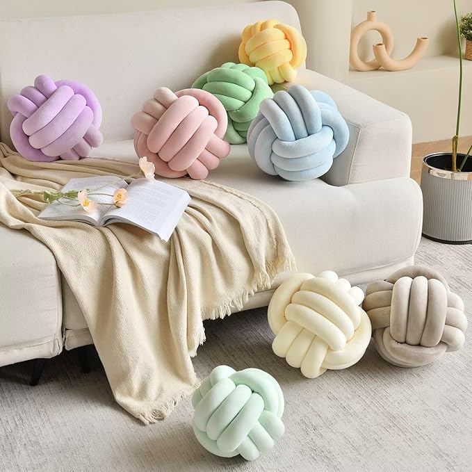 Decorative Throw Knot Pillow Ball for Home Chair Sofa Couch Bed Aesthetic Round Velvet Knotted Pillow Cushion (Purple, 8 inches)