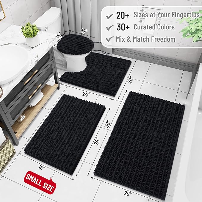 Arotive Luxury Chenille Bathroom Rug Mat, Extra Soft Thick Absorbent Shaggy Bath Rugs, Non-Slip Machine Wash Dry, Plush Bath Mats for Bathroom, Shower and Tub, 30x20, Black