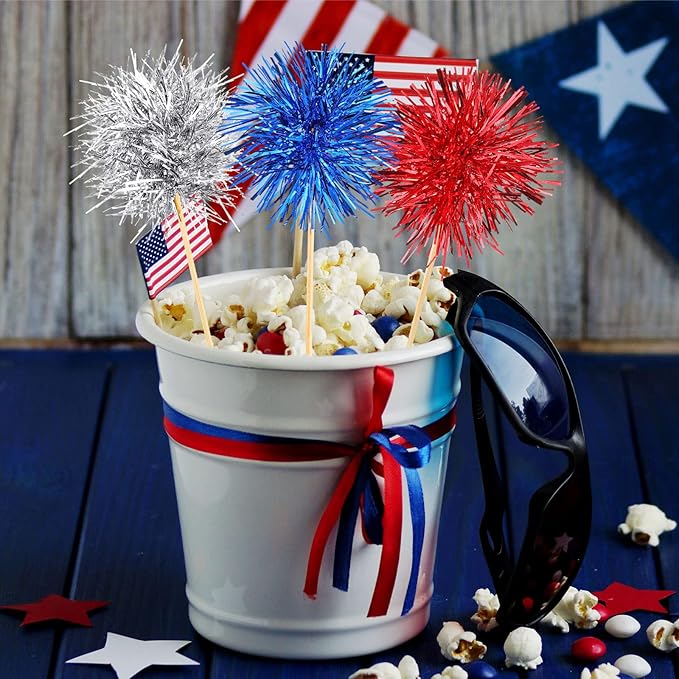 Chinco 100 Pcs Foil Firework Cupcake Toppers Sparkle Tinsel Cake Toppers Cake Decoration Cocktail Fruit Toothpick for Birthday Wedding Graduation Party(Silver, Red, Blue)