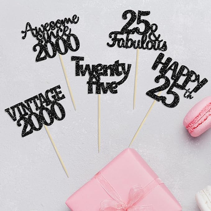 Gyufise 30Pcs Vintage 2000 Cupcake Toppers Glitter 25th Birthday Cake Decorations - Black