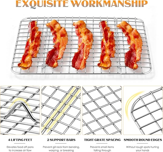 Small Baking Cooling Rack Set of 2, E-far Stainless Steel Toaster Oven Rack for Cooking Roasting Grilling Meat, 8.6” x 6.2” Metal Bakeable Wire Racks for Cookie Cake Bacon - Dishwasher Safe
