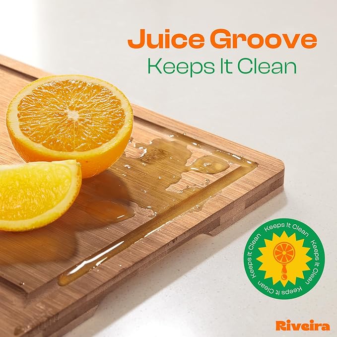 Riveira Brown Bamboo Wood Cutting Board – Gourmet Bamboo Grandeur: 20 x 14 Wooden Cutting Board – Wooden Cutting Boards For Kitchen Decorative – Innovative Juice Grooves Wooden Chopping Board