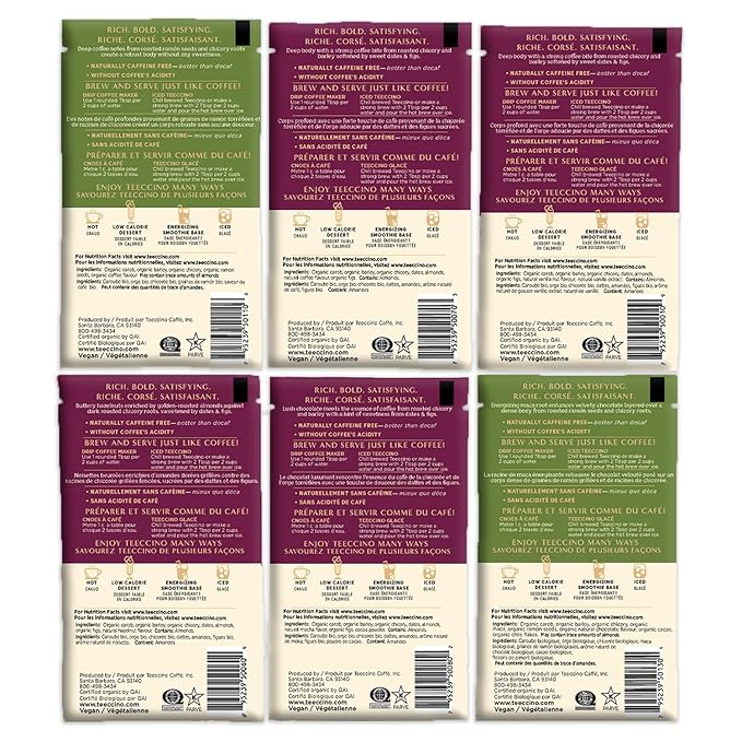 Teeccino Herbal Coffee Sampler - 6 x 30g Trial Size Chicory Coffee Alternatives - French Roast, Vanilla Nut, Hazelnut, Mocha, Maca Chocolate, Java – Prebiotic, Caffeine Free & Acid Free