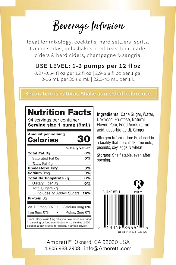 Amoretti - Pear Ginger Beverage Infusion, 94 Servings Per Bottle (750 ml) - Drink Mix & Water Enhancer with Pump for Flavoring Cocktails, Waters, Teas, and other Beverages, Preservative Free