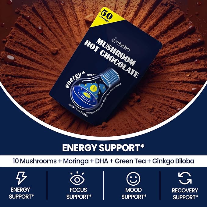 Mushroom Hot Chocolate, 50 Servings Cocoa Powder | 10 Mushrooms Supplements with Moringa Extract, DHA, Green Tea & Ginkgo Biloba | Support Focus & Gut Health | Vegan & Keto, Gluten-Free