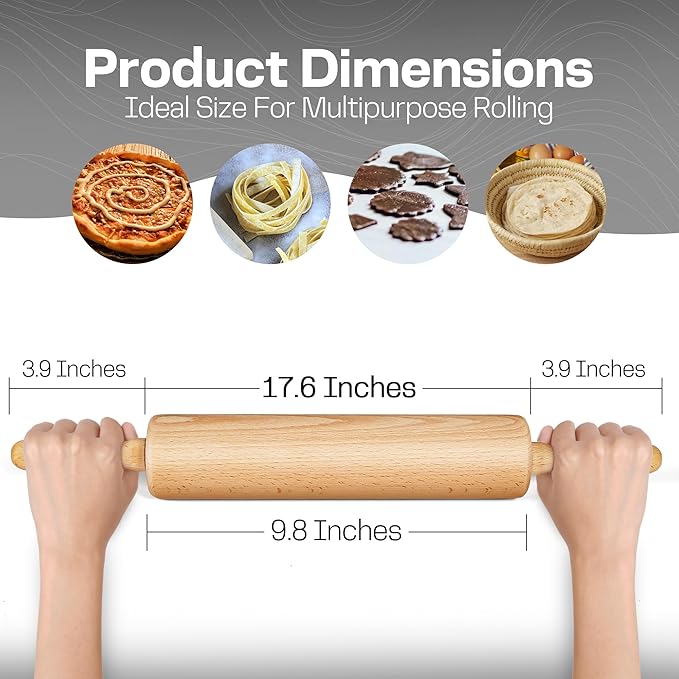 All-Purpose 17.6 Inch Beech Wood Non-Stick Rolling Pin - For Baking, Pizza, Pasta, Pie, Cookies, Pastry.