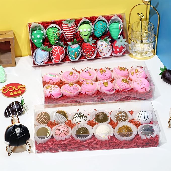 24PCS 12x5x2 Inches Clear Treat Boxes for Chocolate Covered Strawberries, Cocoa Bombs, Donuts, Muffins, Pastries, Bakery, Cookie, Macaron, Gift Boxes for Party Favors