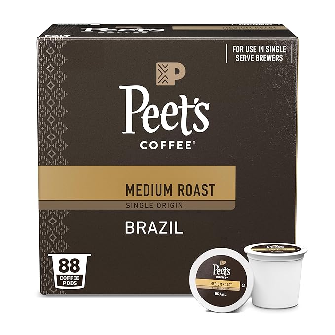 Peet's Coffee, Medium Roast Single Serve Coffee Pods - Single Origin Brazil 88 Count (4 Boxes of 22 Pods)