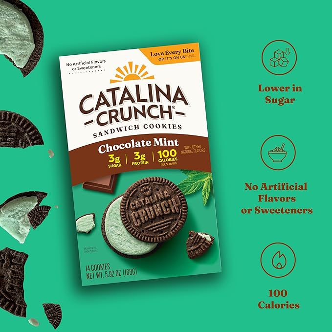 Catalina Crunch Protein Cookies, 4g Protein per Serving | Low-Sugar Sandwich Cookies | Gluten Free, Vegan | Keto Dessert Snacks - Chocolate Mint, 5.9 oz. (14 Count) (Pack of 2)