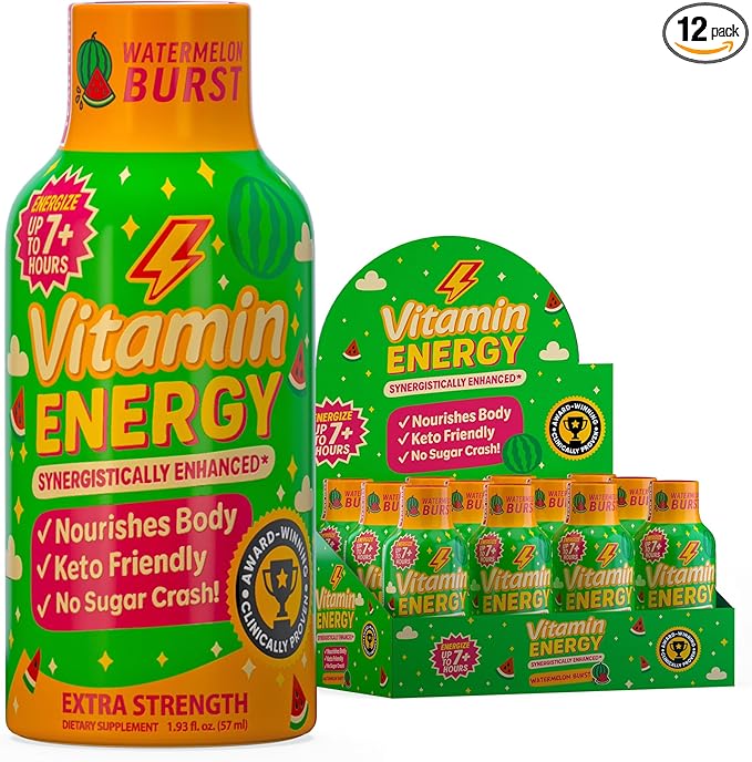 Vitamin Energy Immune+ Extra Strength Energy Shot Watermelon Burst 12 Pack, 260mg Natural Caffeine, B-Vitamins, Citicoline, Green Tea, Immunity & Focus Support, Zero Sugar, Gluten-Free 1.93 fl oz