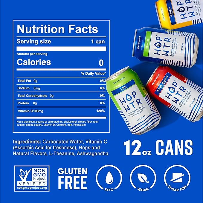 HOP WTR - Sparkling Hop Water - Variety Pack (12 Pack) - NA Beer, No Calories or Sugar, Low Carb, With Adaptogens and Nootropics for Added Benefits (12 oz Cans)