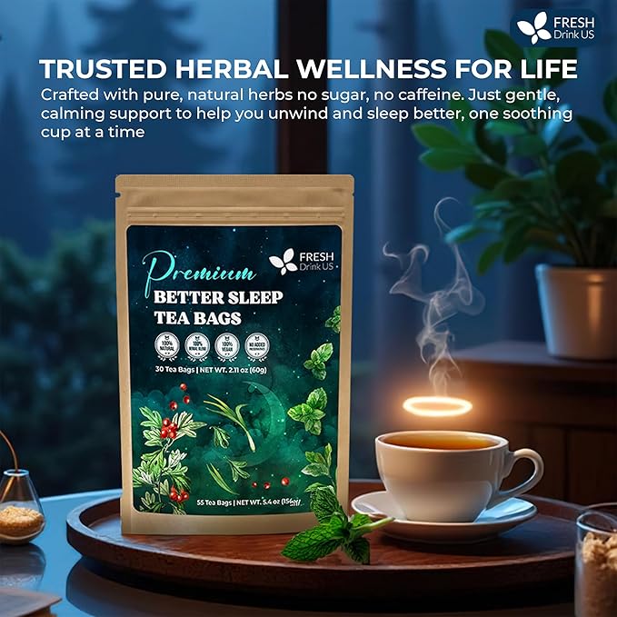 FreshDrinkUS, Premium 55 Tea Bags Better Sleep Herbal Tea | Caffeine-Free Loose Leaf Blend with Spearmint Leaves, Lemongrass Leaves, and Hawthorn Berry – Naturally Refreshing and Aromatic.