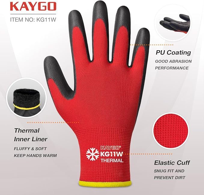 KAYGO Winter Work Gloves for Men and Women, 12 Pairs Thermal Insulated Safety Work Gloves PU Coated, Smooth Grip on Palm & Fingers,Ideal for Freezer Work,Red,L