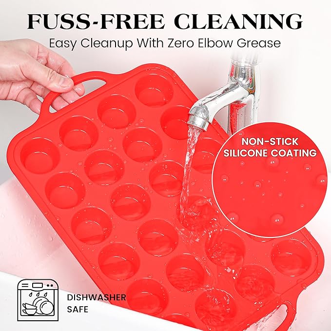 Silicone Mini Muffin Pan With Stainless Steel Reinforced Frame 24 Cups Nonstick Cupcake Molds for Baking Silicone Muffin Tray with Handles(2 Pcs, Red)