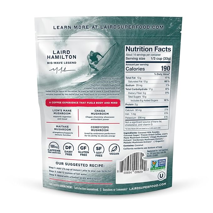 Laird Superfood Instant Latte Sweet & Creamy, Non-Dairy, Superfood Creamer, Gluten Free, Non-GMO, Vegan, 16 oz. Bag, Pack of 1