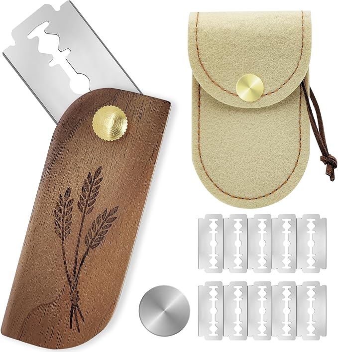 Magnetic Bread Lame Sourdough Scoring Tool Easy Scoring Knife for Bread Baking Scorer Cutter for Homemade Slashing with 10 Razor Blades - Storage Bag Included - Ergonomic Handle - Black Walnut