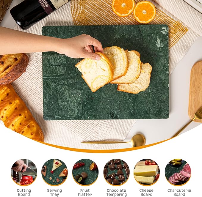 Green Marble Cutting Board 12x16 Inch, Marble Slab Pastry Board With Non-Slip Feet For Baking, Cheese, Charcuterie, Chocolate