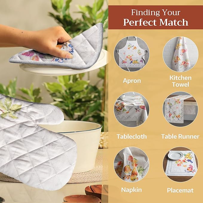 Maison d' Hermine 100% Cotton Oven Mitt & Pot Holder Set (7.5"x13" & 8"x8") Heat Resistant BBQ Cooking Gloves with Loop, Baking, Grilling, Kitchen, Handling Hot Pans (Fruit D'Hiver)