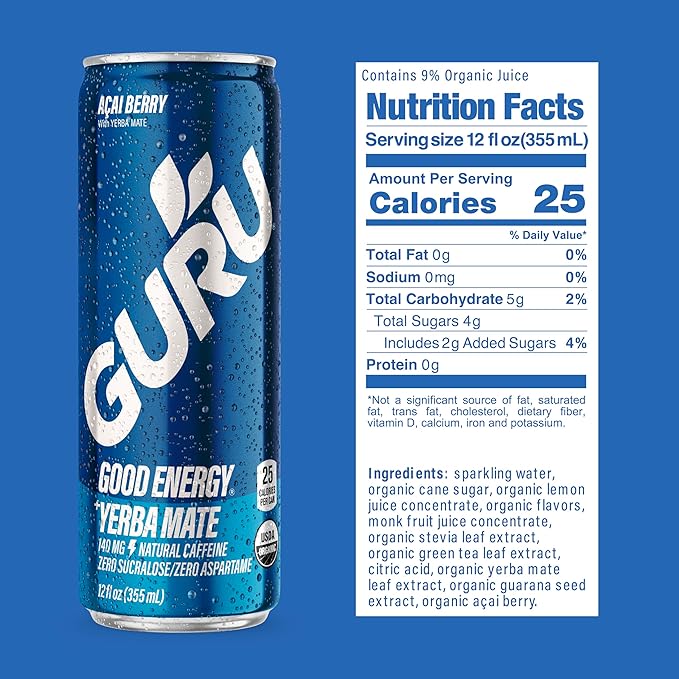 GURU Yerba Mate Organic Energy Drinks, Clean Energy Drink with Plant Based Natural Caffeine from Green Tea, Low Calorie, Gluten Free, 140mg Caffeine, Healthy Drinks, Acai Berry, 12oz (Pack of 24)
