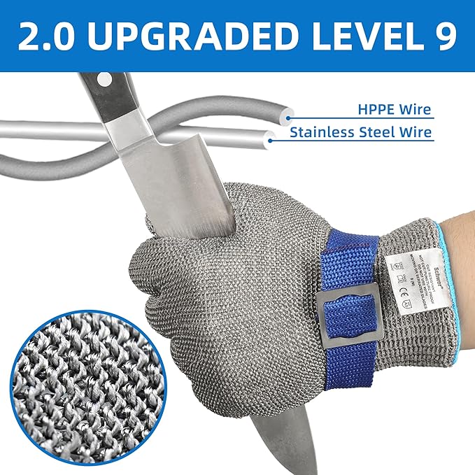 Schwer ANSI A9 Cut Resistant Glove, Food Grade Stainless Steel wire Mesh Metal Gloves, Knife Cutting Gloves for kitchen Mandoline Slicing Butcher Meat Cutting Oyster Shucking Fish Fillet（L, 1 PCS）