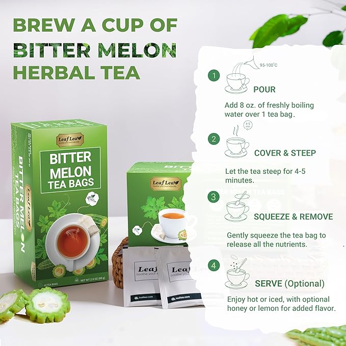 LeafLea 120 Bitter Melon Tea Bags, 100% Pure Bitter Melon Fruit. Supports Wellness and Digestion | Caffeine-Free, Sugar-Free, Vegan, Pack of 3