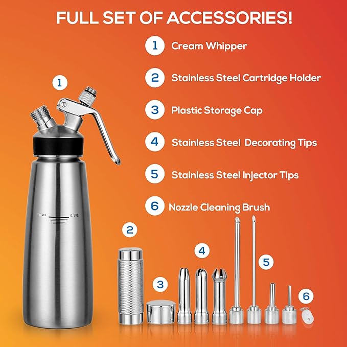 OCTANDRA 304 Stainless Steel Whipped Cream Dispenser 500mL/1 Pint Whip Cream Canister Maker Commercial Grade Whipping Siphon Cream Whipper with 3 Decorating Tips, 4 Injector Tips & Charger Holder