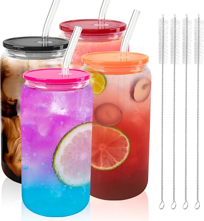 Joyclub 4pcs Glass Cups with Acrylic Lids and Straws 16 oz Can Shaped Glass Iced Coffee Cups with Lids and Straws, Cute Tumbler Cup Drinking Glasses for Smoothie Whiskey Boba Soda Tea Gift