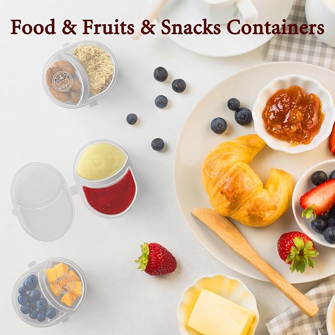 40pcs Reusable Snack Containers with Lids, 2 Compartment Snack Pack Containers for Fruits Candy Sauce Spices
