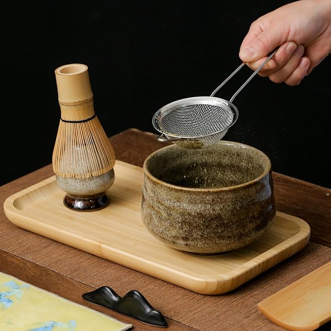 Japanese Matcha Tea Set (7pcs) - Matcha Whisk and Bowl, Whisk Stand (Chasen Holder), Scoop, Starter Making Kit for Matcha Tea Ceremony (Kiln Glaze-White)