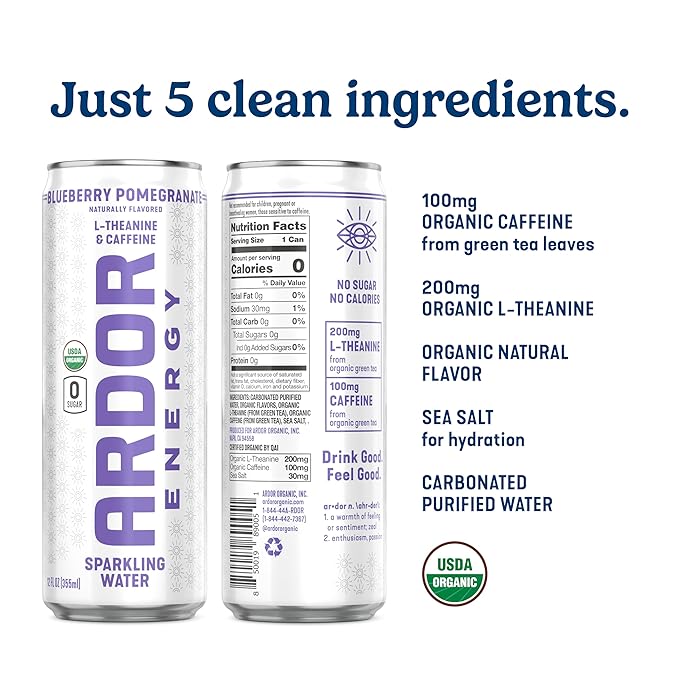 ARDOR ENERGY Sparkling Water with 100mg Natural Caffeine & 200mg L-Theanine from Organic Green Tea for Smooth Energy & Focus | Healthy Energy Drink | No Sugar, Zero Calories, Vegan, Gluten-Free | Blueberry Pom (Pack of 12, 12oz cans)