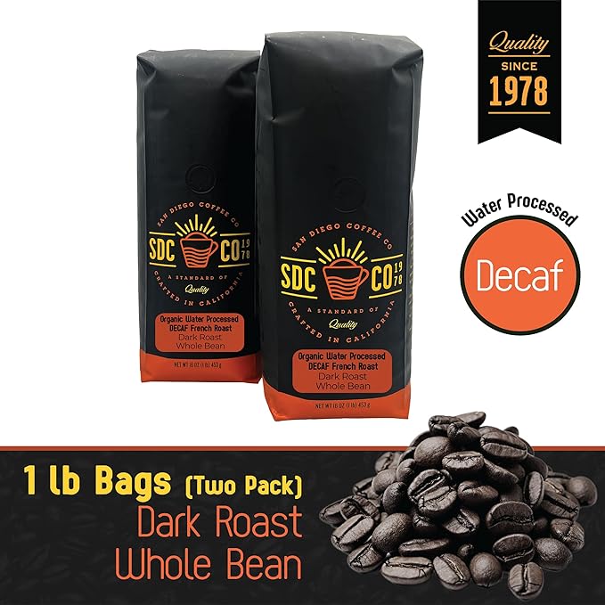 San Diego Coffee Organic French Roast DECAF, Dark Roast, Whole Bean Coffee, 16-Ounce Bags (Pack of 2) Café en grano tostado descafeinado