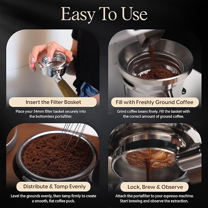 Bottomless Portafilter 54mm - Stainless Steel Filter Basket and Ergonomic Mahogany Wood Handle - Compatible with Breville 54mm Bottomless Portafilter Coffee Machine Models