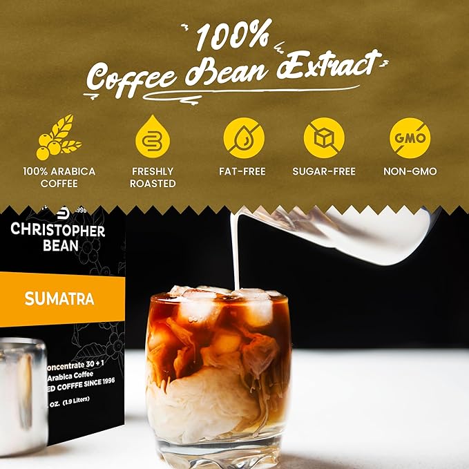 Christopher Bean Coffee - 396 servings, 30 to 1 Blend Bag in Box Liquid Instant Coffee or Cold Brew Coffee Concentrate - Hot or Iced Coffee - Sumatra Brew
