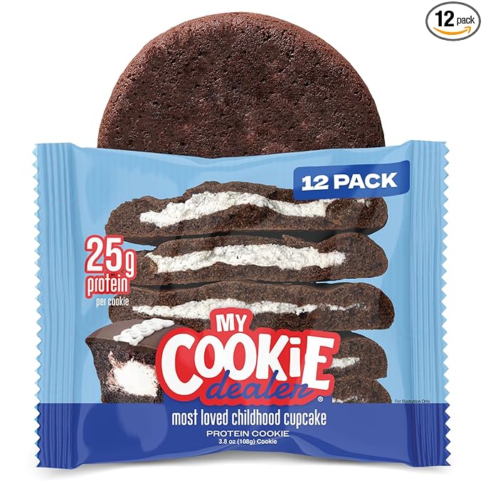 My Cookie Dealer Protein Cookies, Most Loved Childhood Cupcake (12-Pack, 3.8oz Each) - 25g of Protein per Cookie - Individually Wrapped Workout Snacks for On-The-Go Travel