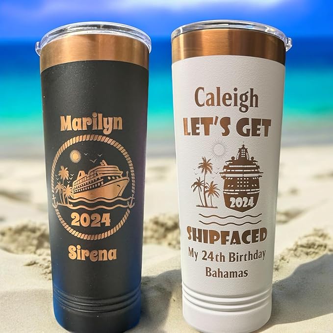 Personalized Skinny Tumbler by iProductsUS - Rose Gold Stainless Steel Custom Cup with Slider Lid & Straw. Customized 22oz Vacation Vacuum Insulated Coffee Mug - Christmas Gift for Mom, Sister