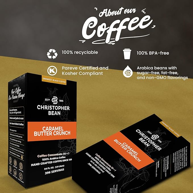 Christopher Bean Coffee - 396 servings, 30 to 1 Blend Bag in Box Liquid Instant Coffee or Cold Brew Coffee Concentrate - Hot or Iced Coffee - Caramel Butter Crunch