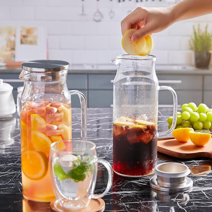 2 Pack 1.6 Liter 54 oz Glass Pitcher with Lid and Spout, Glass Carafe Water Pitcher for Hot/Cold Water, Iced Tea, Drinks, Coffee, Juice and Homemade Beverage